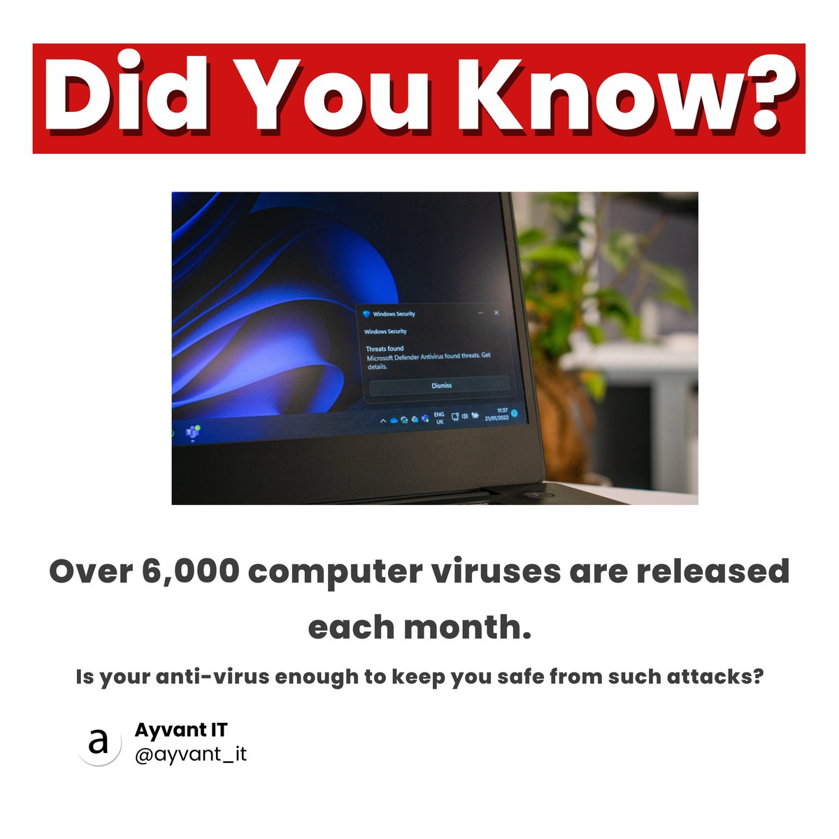 Did you know?

✅ Visit Our website for more - ayvant.com

✅ Follow us for more content

#didyouknow #facts #virus #computer #antivirus #computervirus #internet #internetsecurity #antivirus #informationsecurity #cybersecurity #itriskmanagement #ayvant