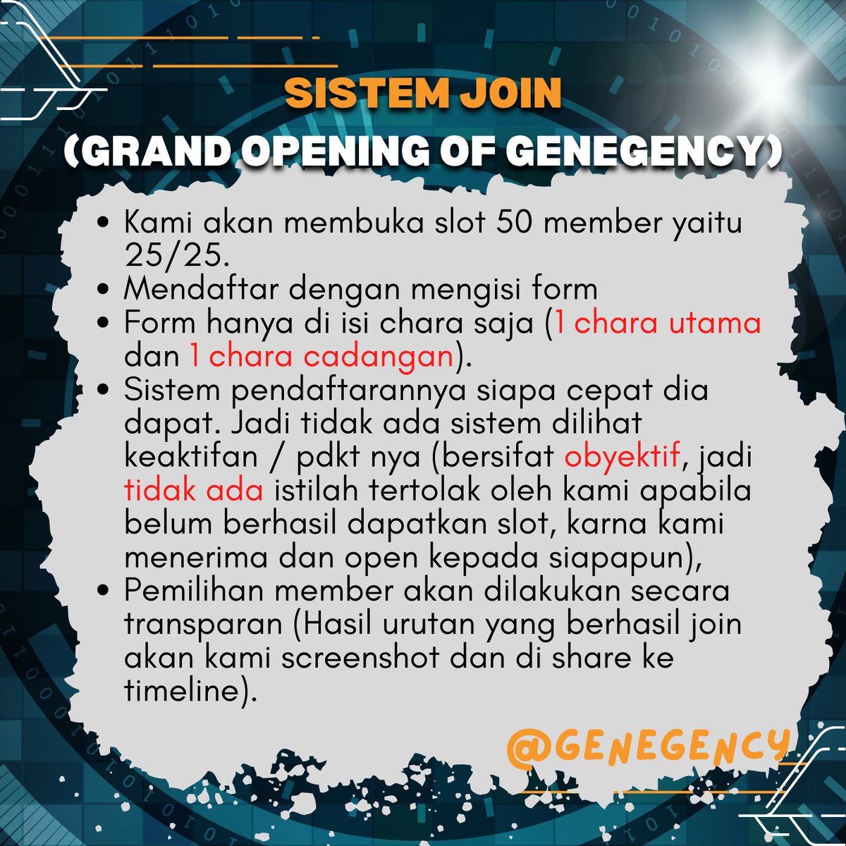 ㅤ         
                      SISTEM JOIN
      (KHUSUS GRAND OPENING)

untuk point 1, 25/25 diluar dari freepass member, yang berarti menjadi 52 member