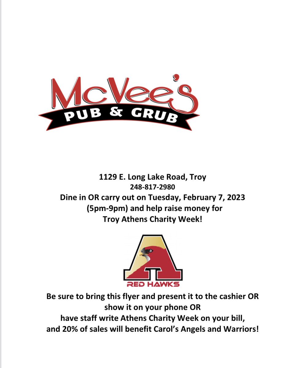 Make plans to dine TONIGHT at McVEE’s Pub &amp; Grub - TUESDAY, Feb. 7th from 5-9 PM  Support one of our Booster Sponsors &amp; Athens Charity Week. Be sure to mention this flyer for Charity Week. #GoHawks ❤️💛<a href="/troy_athens/">Troy Athens High School</a> @AHS_Athletics22 <a href="/TheHawksNest20/">AHS Student Section</a> <a href="/athens_pto/">Athens PTO</a> <a href="/CAWsforcause/">Carol’s Angels and Warriors</a>