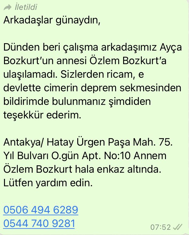 Antakya / Hatay ürgen paşa mah. 75.yıl bulvarı Ogün apt no:10 yardım edin arkadaşımızın annesi enkaz altında <a href="/DepremDairesi/">AFAD Deprem</a> <a href="/AFADBaskanlik/">AFAD</a> <a href="/HatayValiligi/">T.C. Hatay Valiliği</a>