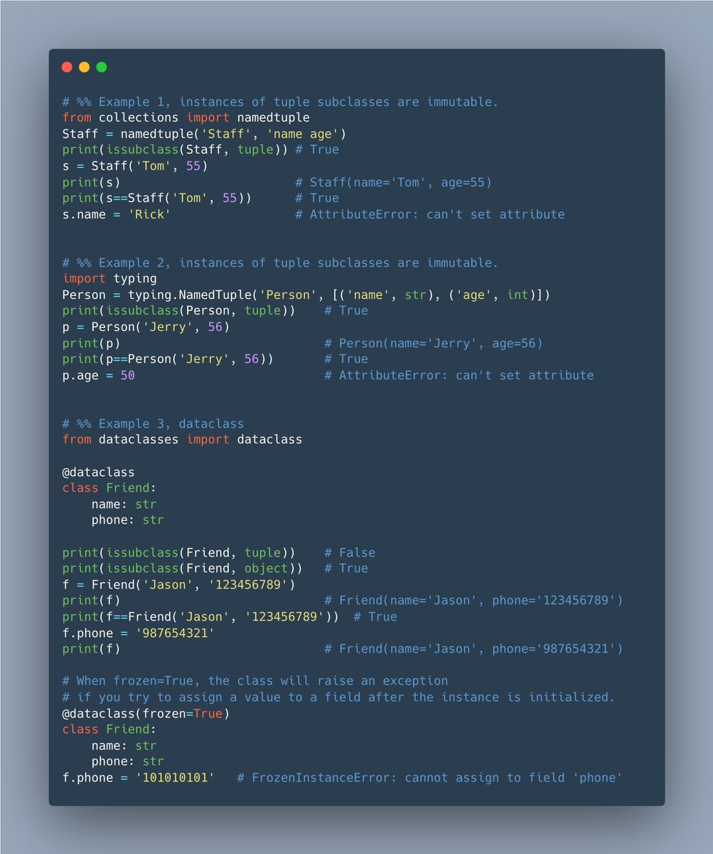 pythonnotes's tweet image. A key difference between three class builders of #Python “data class” is that collections.namedtuple and typing.NamedTuple build tuple subclasses, therefore the instances are immutable. By default, @ dataclass produces mutable classes.