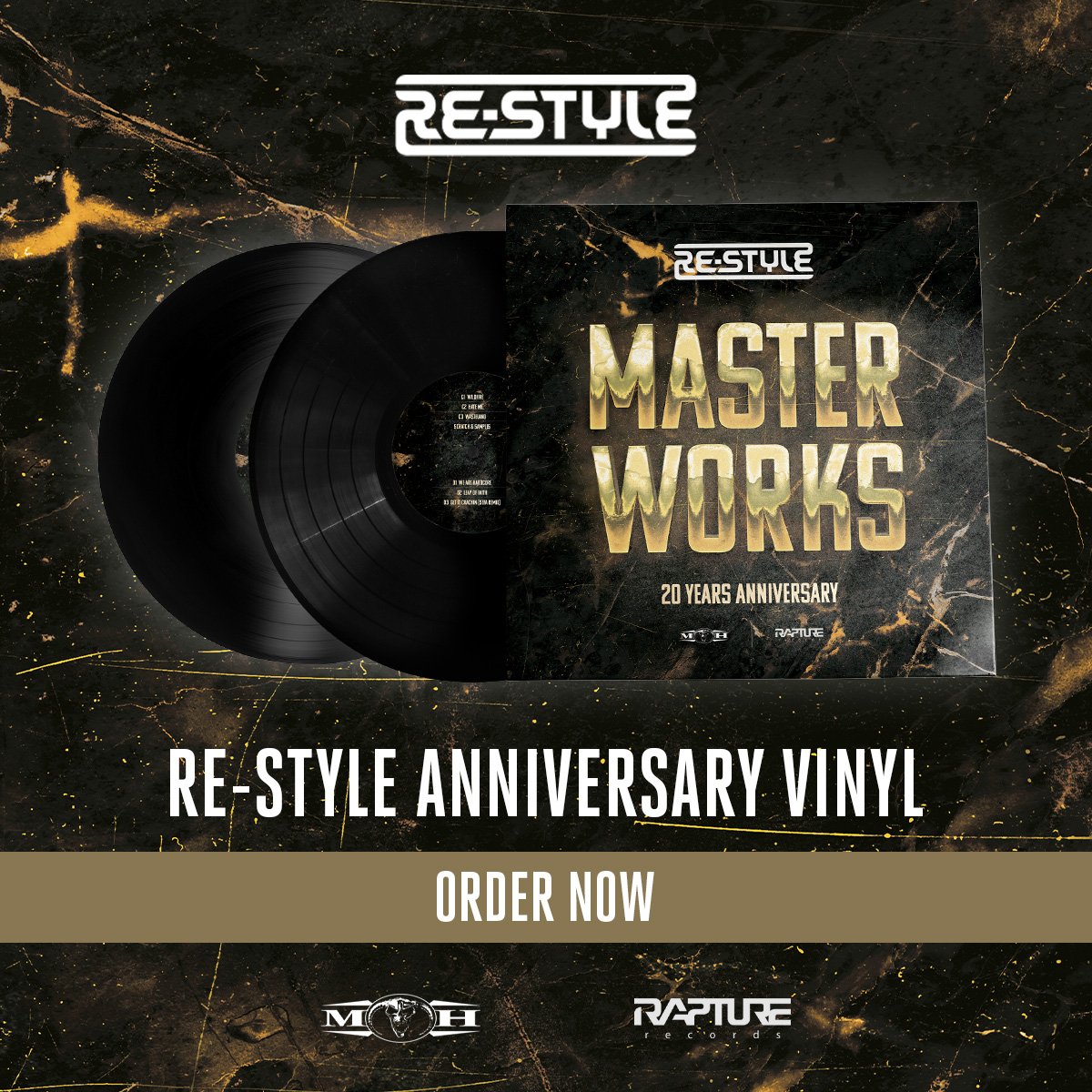 A 20 year legacy in Hardcore music!
Re-Style - Master Works vinyl is available now:
MOH.lnk.to/MasterworksVin…
The 2-disc vinyl comes with a golden design that features lyrics on the inside sleeve. Furthermore, there is also a scratch track available. Both vinyl discs are numbered.
