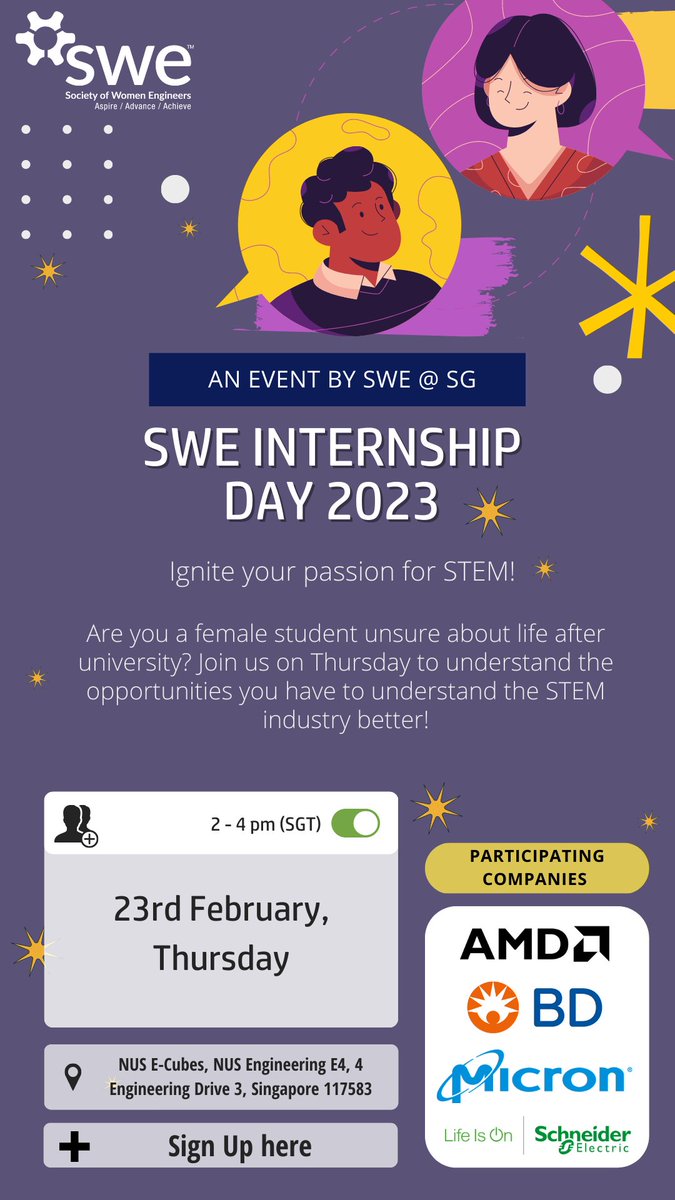 SWE@SG is delighted to have the SWE Internship Day 2023 again! Learn more about their internship, career, mentorship, and job shadowing opportunities. Join us and bring your friend along for this exciting event! #SWESG #internshipday tinyurl.com/SWEInternshipD…