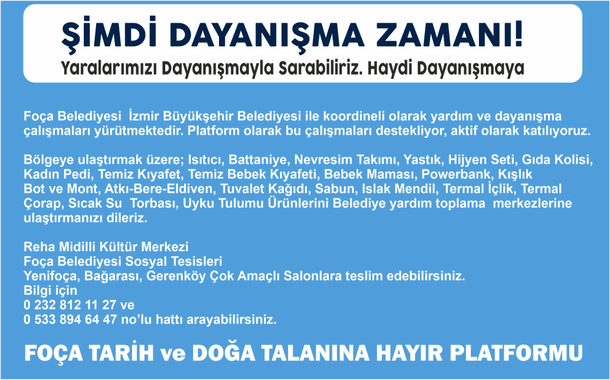 ŞİMDİ DAYANIŞMA ZAMANI! 
Yaralarımızı Dayanışmayla Sarabiliriz. Haydi Dayanışmaya
<a href="/izmirbld/">İzmir Büyükşehir Belediyesi</a> 
<a href="/focabld/">FOÇA BELEDİYESİ</a> 
#deprem 
#DayanısmaZamanı