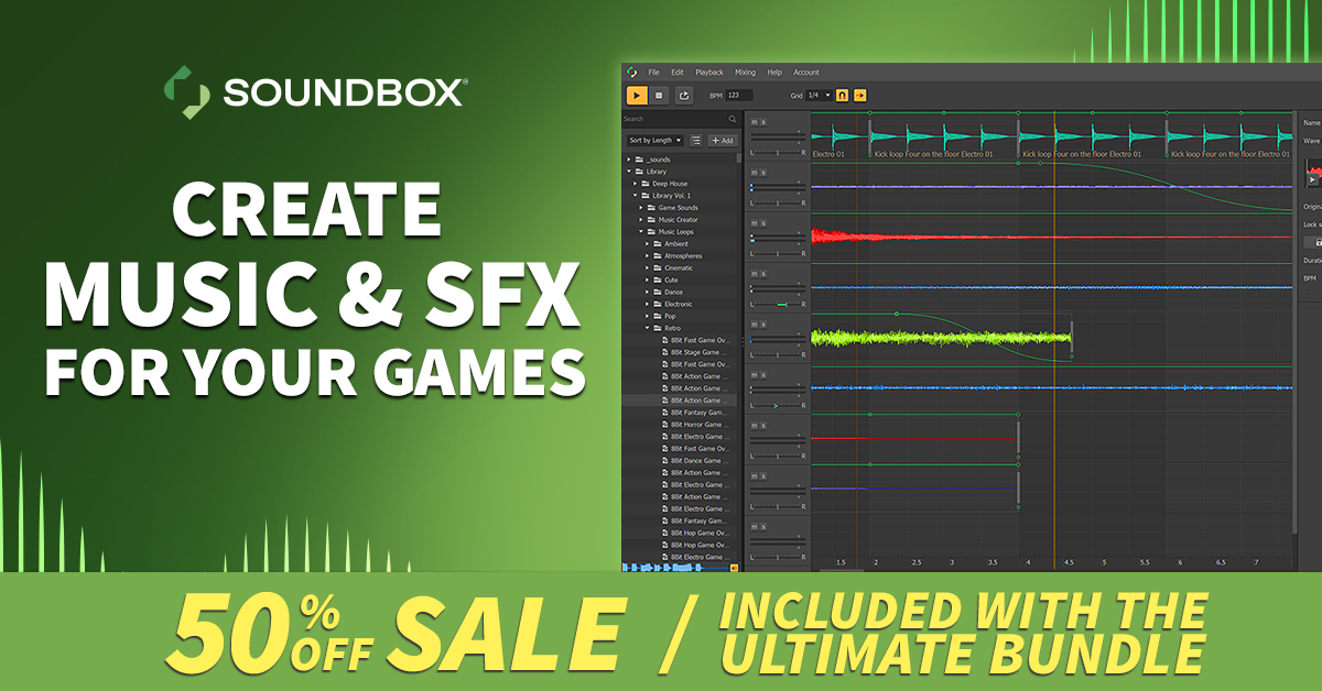 buildbox's tweet image. Soundbox, our audio software, is BACK and better than ever! 

Create your own game music and sound effects with a sound library of over 7,500 audio clips and professional mixing and mastering tools. 

Learn more here: bit.ly/3RET9f1

#gamedev #soundbox #audiosoftware