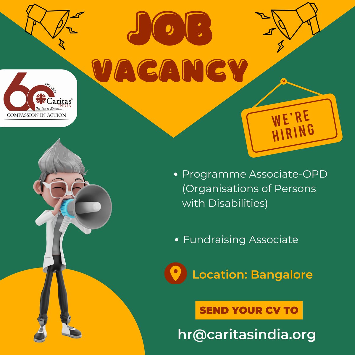 𝗪𝗘 𝗔𝗥𝗘 𝗛𝗜𝗥𝗜𝗡𝗚

Caritas India is hiring for the following positions for Bangalore Location:

⭕Fundraising Associate
⭕Programme Associate (Organisations of Persons with Disabilities)

Send your Resume to: hr@caritasindia.org
For More Info visit: caritasindia.org/jobs