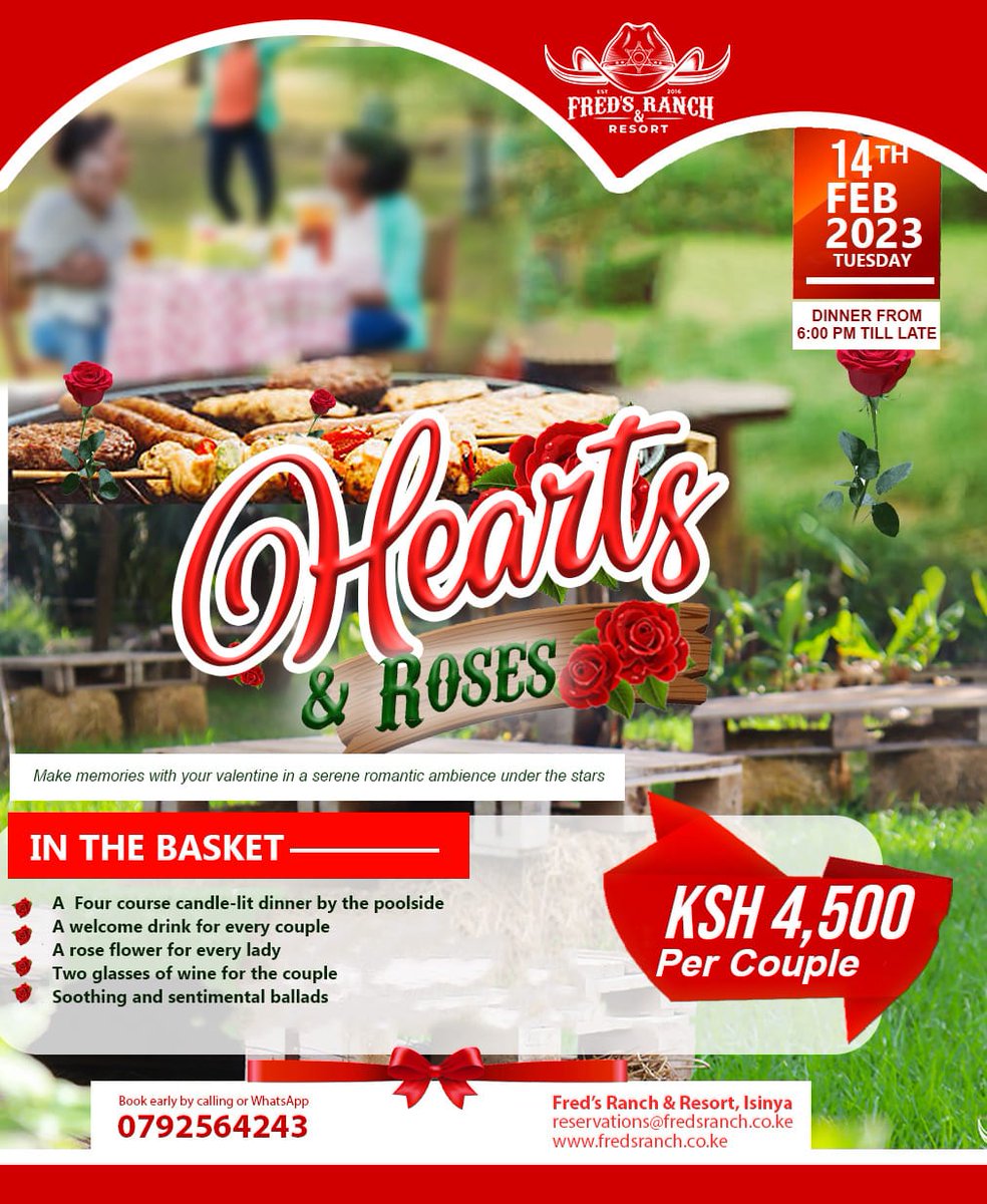 FredsRanch's tweet photo. Love is in the Air at Fred's Ranch and Resort!
Treat your Valentine to a Four Course Dinner and Dancing at the Ranch and make unforgettable memories with them. Reserve your Valentine's Dinner on Tuesday 14th February, from 6pm till late!Call us on 0792564243 and Book your table. https://t.co/DBuFYkflI7