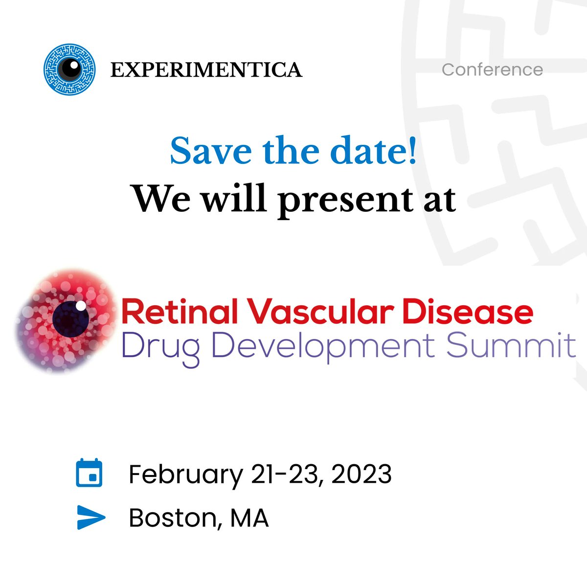 [PRESENTATION] Swing by our booth at the Retinal Vascular Disease Drug Development Summit in Boston, MA, on February 22-23, 2023

Featured Presentation: Standardization of preclinical models for wet AMD
by Jeff Jamison

Full Program:
retinal-vascular-disease-summit.com

#Experimentica #Event