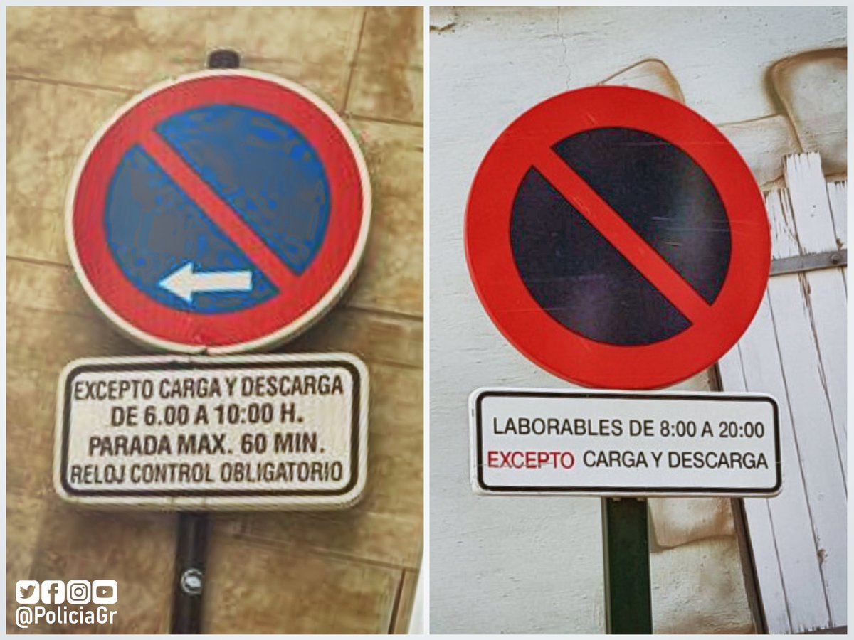 Estas dos señales son de carga y descarga. La de la izquierda el horario de carga y descarga es de 6:00 a 10:00 horas y la de la izquierda de 8:00 a 20:00 horas…
Pero finalizada la carga y descarga una de ellas no permite estacionar al resto de vehículos, ¿sabes cuál es?