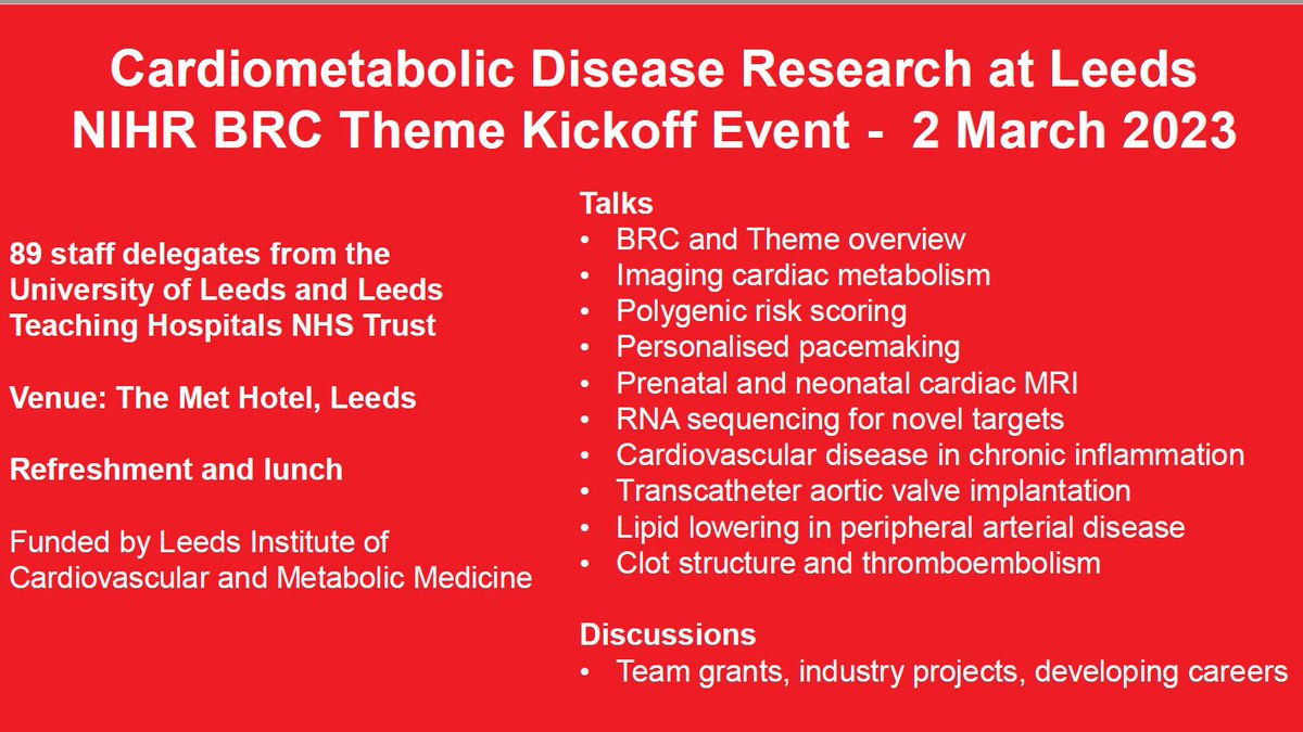 Looking forward to the inaugural launch event of BRC Cardiometabolic Disease Research! @UniversityLeeds #LICAMM #Cardiovascular #Research @MedicineDean