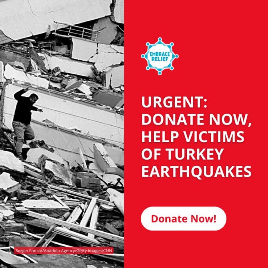 YARDIM ZAMANI

#deprem felaketine yönelik @EmbraceRelief yardım vakfının kampanyasına yardımlarınızı yapabilirsiniz.

Soğuk hava, deprem, açlık…

Lütfen duyarsız kalmayalım, yayalım…
👇👇
embracerelief.org/donation/help-…

#Malatya #Pazarcık #Kahramanmaraş #Hatay #Adıyaman #Diyarbakır