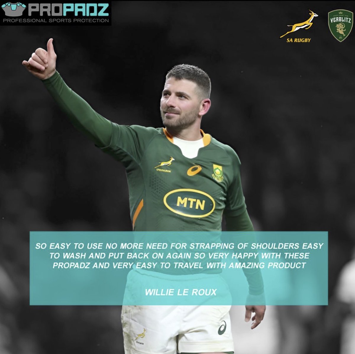 Next up on our Pro reviews is <a href="/wjjleroux/">Willie le roux</a>
Having amassed 82 caps for SA in his career, here’s what he had to say

‘So easy to use, I have no more need for strapping shoulders. Easy to wash and put back on again, and easy to travel with, so very happy with PROPADZ. Amazing product’