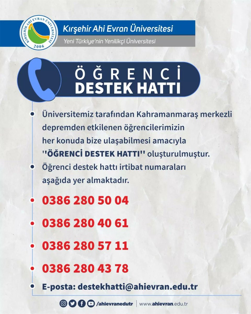 ahievranedutr's tweet photo. Öğrenci Destek Hattımız 

#KAEÜ #KırşehirAhiEvranÜniversitesi #Kırşehir #Deprem https://t.co/v3xJyt4jwn