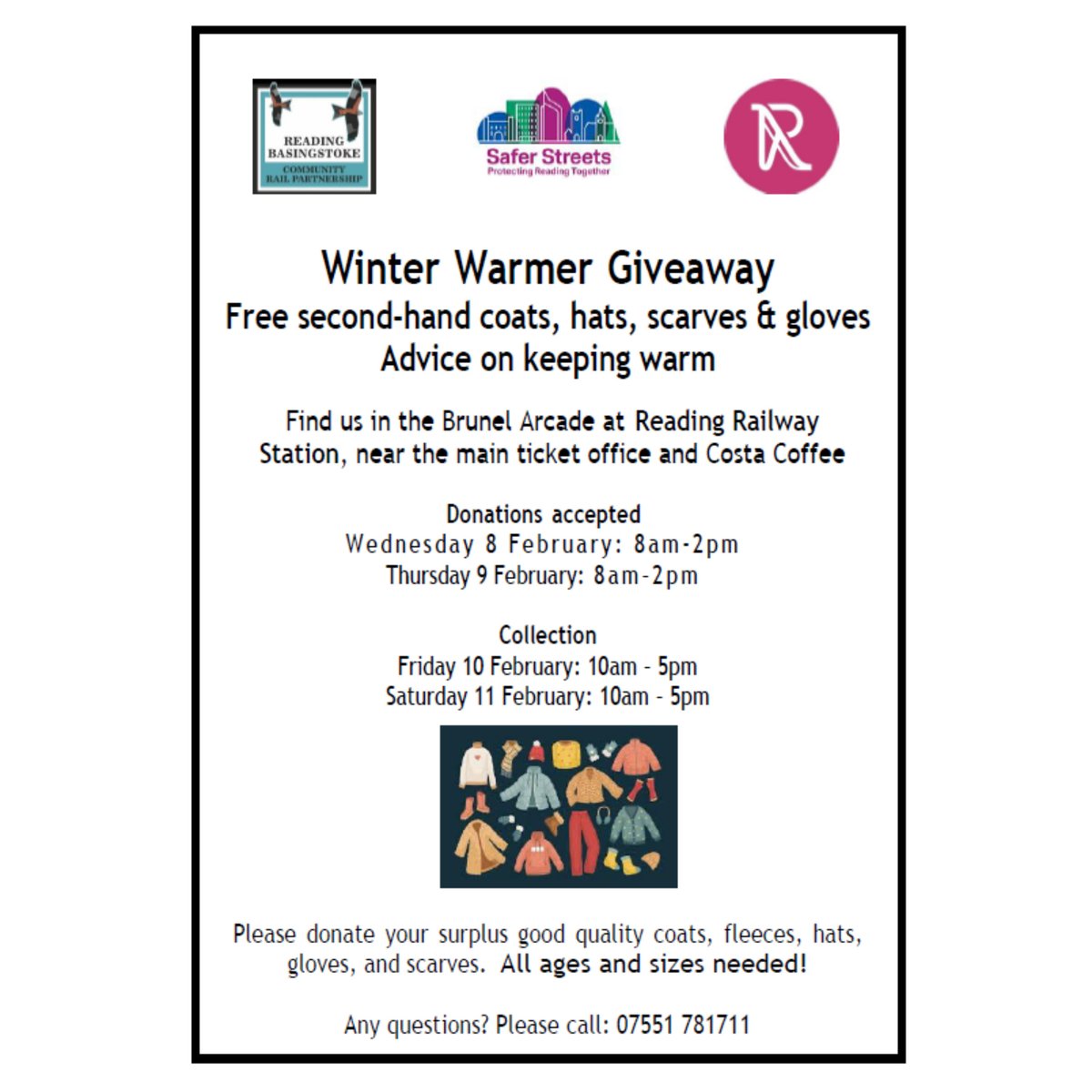 You can DONATE any winter clothes you no longer use, e.g. warm coats, hats, scarves, fleeces and gloves.

Donations accepted: Wed 8th &amp; Thurs 9th February, 8am-2pm.

📍Brunel Arcade, Reading Railway Station
#saferstreets #winterwarmer