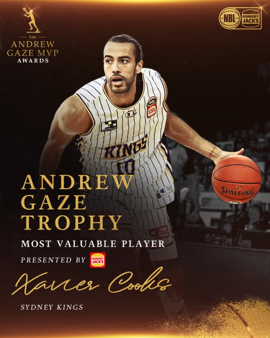 ESPNAusNZ's tweet photo. THE KING OF #NBL23 👑

Xavier Cooks took the @SydneyKings to the top and is rewarded by taking home the Andrew Gaze Trophy for Most Valuable Player presented by @HungryJacksAU 🏆 https://t.co/PVILjG1yId