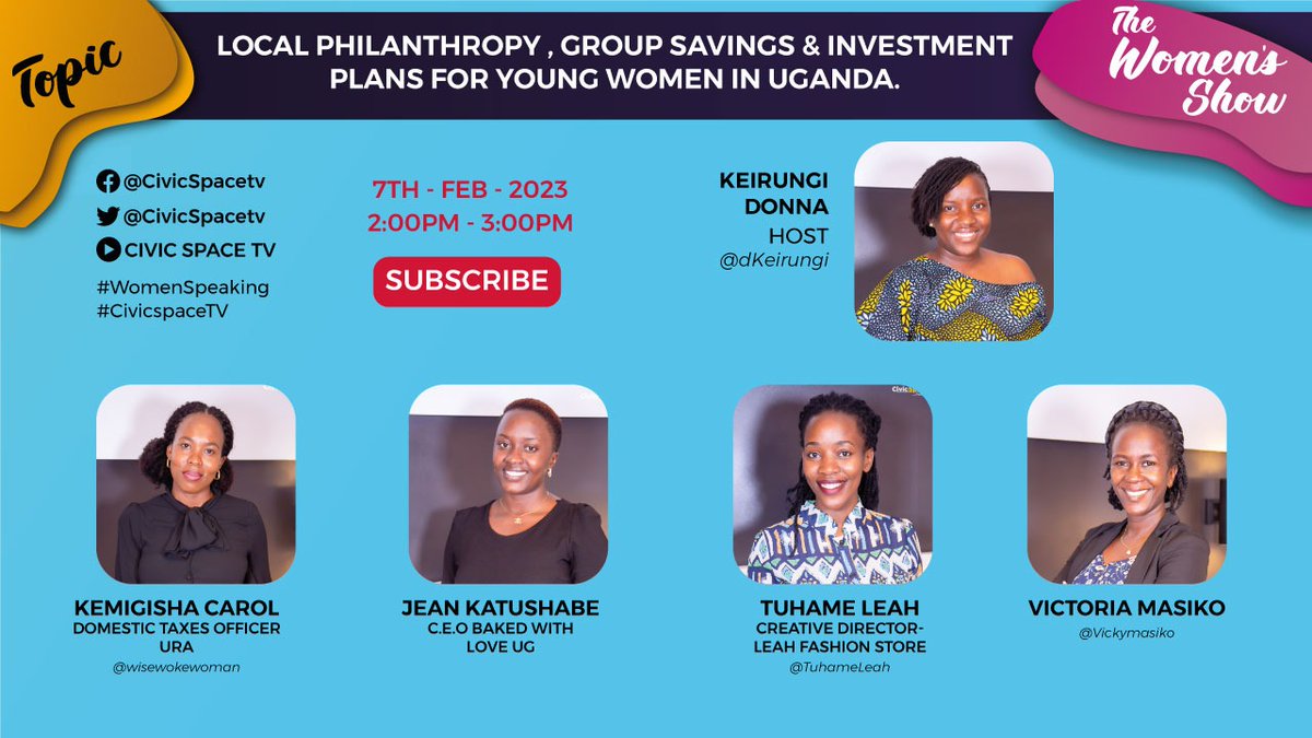 Few minutes to go, #WomenSpeaking on #CivicSpaceTV today at 2:00PM about local philanthropy,group savings and investment plans for young women in Uganda via ↘️youtu.be/ShbsXyrHbs4
Join the discussion & subscribe to the channel.
@CivicSpaceTV  @SarahBireete