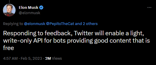LOL, yet another walk back, because the 'genius' hadn't thought there'd be uses of the API even he approves. But what's 'good bots' mean? He will decide this based on his personal prefs and moods, mostly on a whim (and maybe revise it later), and Nazi bots are very welcome.