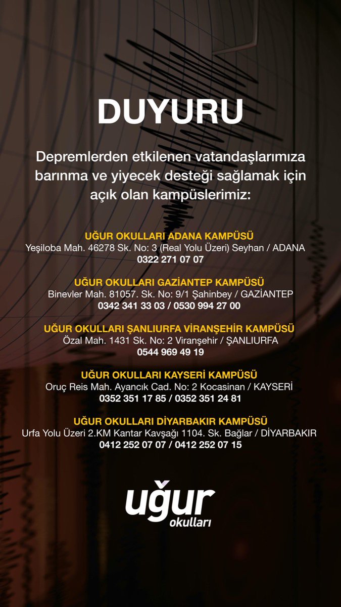 Deprem bölgesinde bulunan vatandaşlarımıza barınma ve yiyecek desteği sağlamak için Adana, Gaziantep, Şanlıurfa Viranşehir, Kayseri ve Diyarbakır kampüslerimizin açık olduğunu bildirir, deprem bölgelerindeki tüm arama kurtarma ekiplerine güç ve kuvvet dileriz.

#Deprem