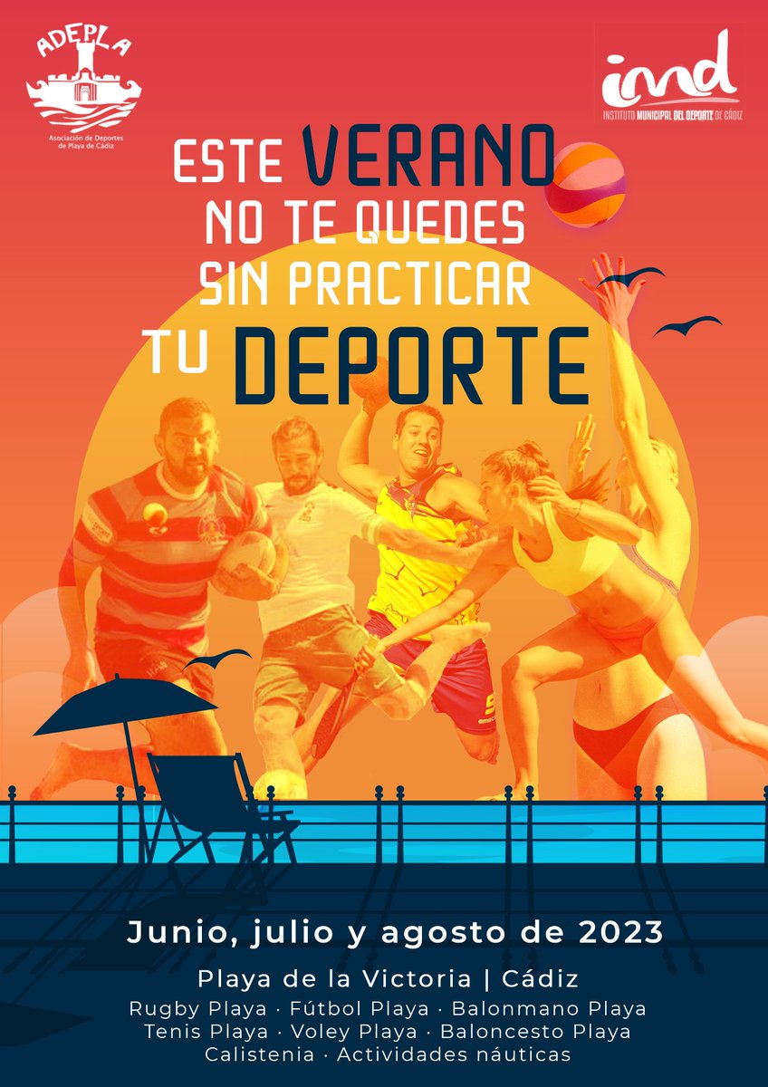 Este verano no te quedes sin practicar tu deporte, vente a las Playas de Cádiz y disfruta de la oferta deportiva! <a href="/Cadiz_es/">Ayuntamiento de Cádiz</a> <a href="/imdcadiz/">imdcadiz</a> <a href="/cherra13/">cherra</a> @CLUBRUGBYCADIZ <a href="/CadizCFZona/">Cádiz C.F. Zonabalomano</a> <a href="/CDCadizCF2012/">CDCadizCF2012</a> <a href="/CarlosS25766886/">Carlos Sánchez</a> <a href="/Cadiz_Fundacion/">Cádiz CF FUNDACIÓN</a>