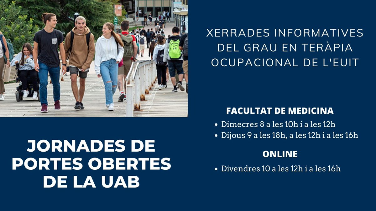 euit_terrassa's tweet photo. A partir de demà serem a les Jornades de Portes Obertes de la @UABBarcelona per presentar el nostre grau en #TeràpiaOcupacional als futurs i futures universitaris!
📆 8, 9 i 10 de febrer
✅ Presencial i virtual
ℹ️ https://t.co/MPbduX3LIu
#euit_terrassa #someuit #socTO https://t.co/nZXJ9Hqwvs