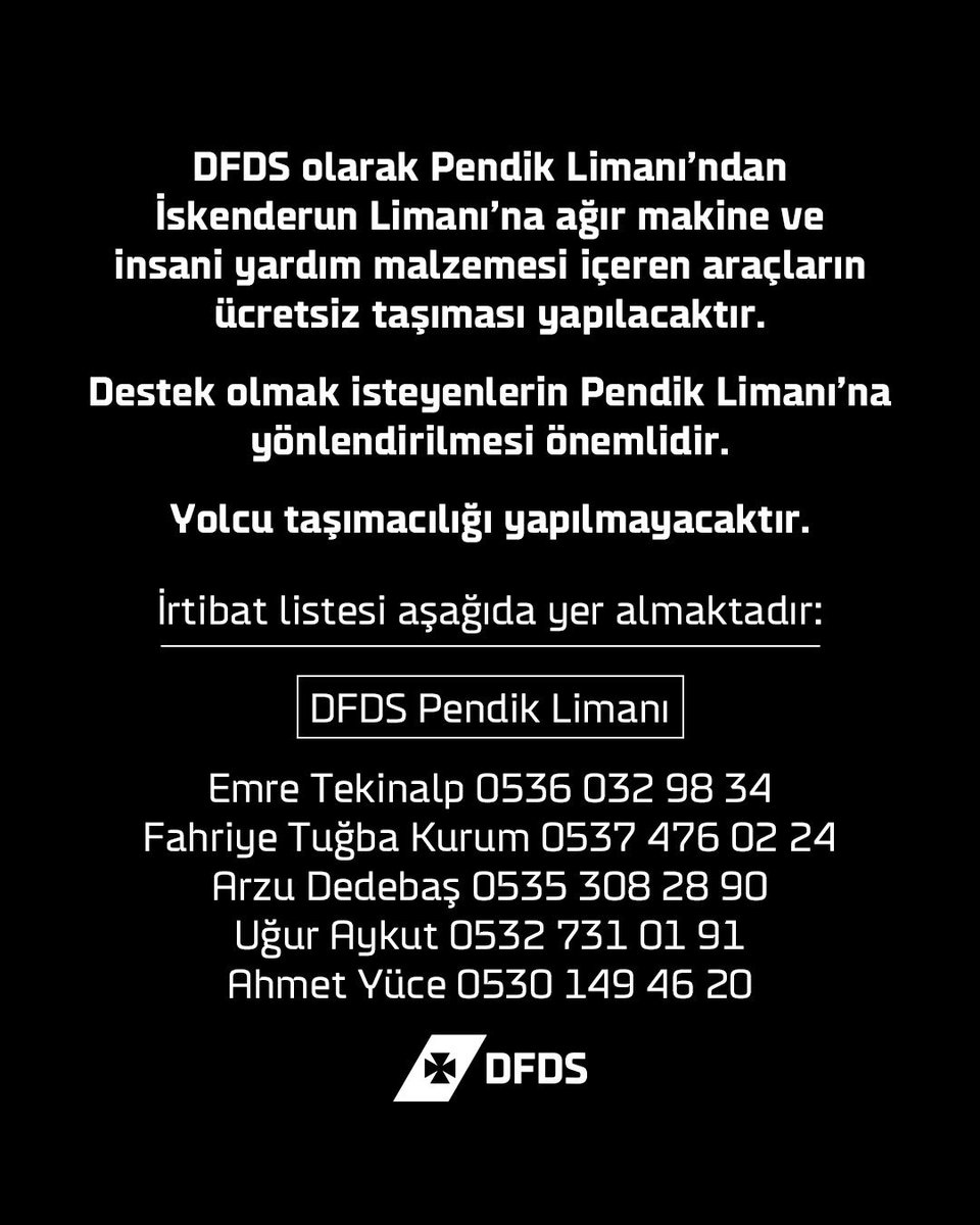 TIR VE VİNÇ SAHİPLERİNİN DİKKATİNE!
Bu gece 00:00’a kadar ağır iş makinalarını ve tırları taşıyacak bir Ro-Ro gemisi Pendik limanından İskenderun’a hareket edecek. İrtibat numaralarını arayarak Tır, iş makinesi, vinç gibi araçlarınızı afet bölgesine gönderebilirsiniz <a href="/ArifAKKOZ/">Arif AKKOZ</a>