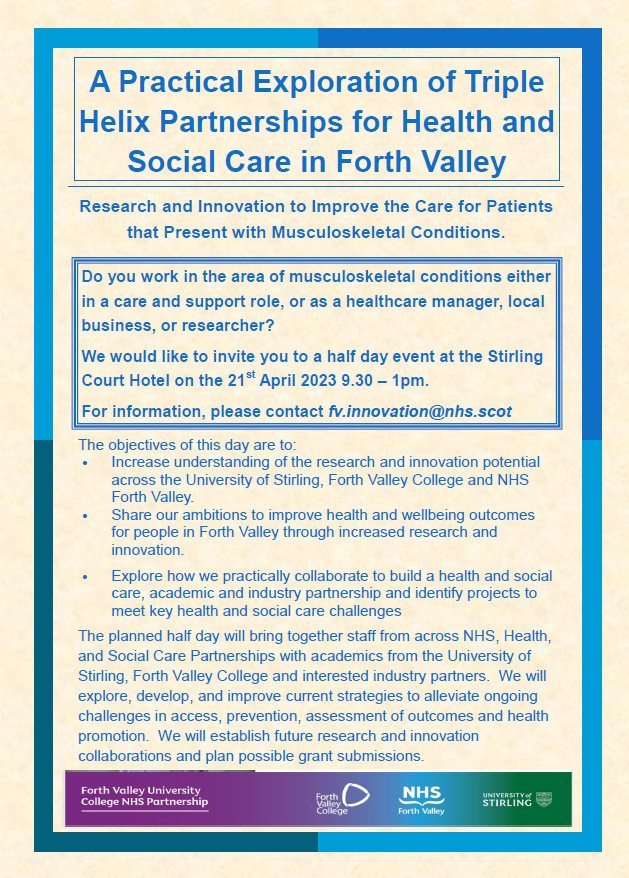 fv_quality's tweet image. DATE FOR DIARY: Do you work in the area of musculoskeletal conditions either in a care and support role, as a healthcare manager, local business, or researcher?  Please see our flyer below @NHSForthValley @pjyar @Kirstieahp @NatLeadAHPCYP @FalkirkHSCP @cshscp @StirUni @FVCollege