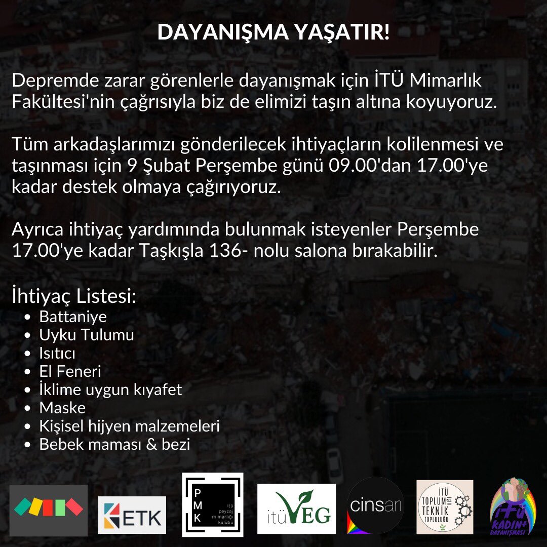 İTÜ Kadın+ Dayanışması (@itukadin) on Twitter photo 🔴Dayanışma yaşatır!
Depremzedelerle dayanışmak için 9 Şubat Perşembe Taşkışladayız. 🔴Dayanışma yaşatır!
Depremzedelerle dayanışmak için 9 Şubat Perşembe Taşkışladayız.