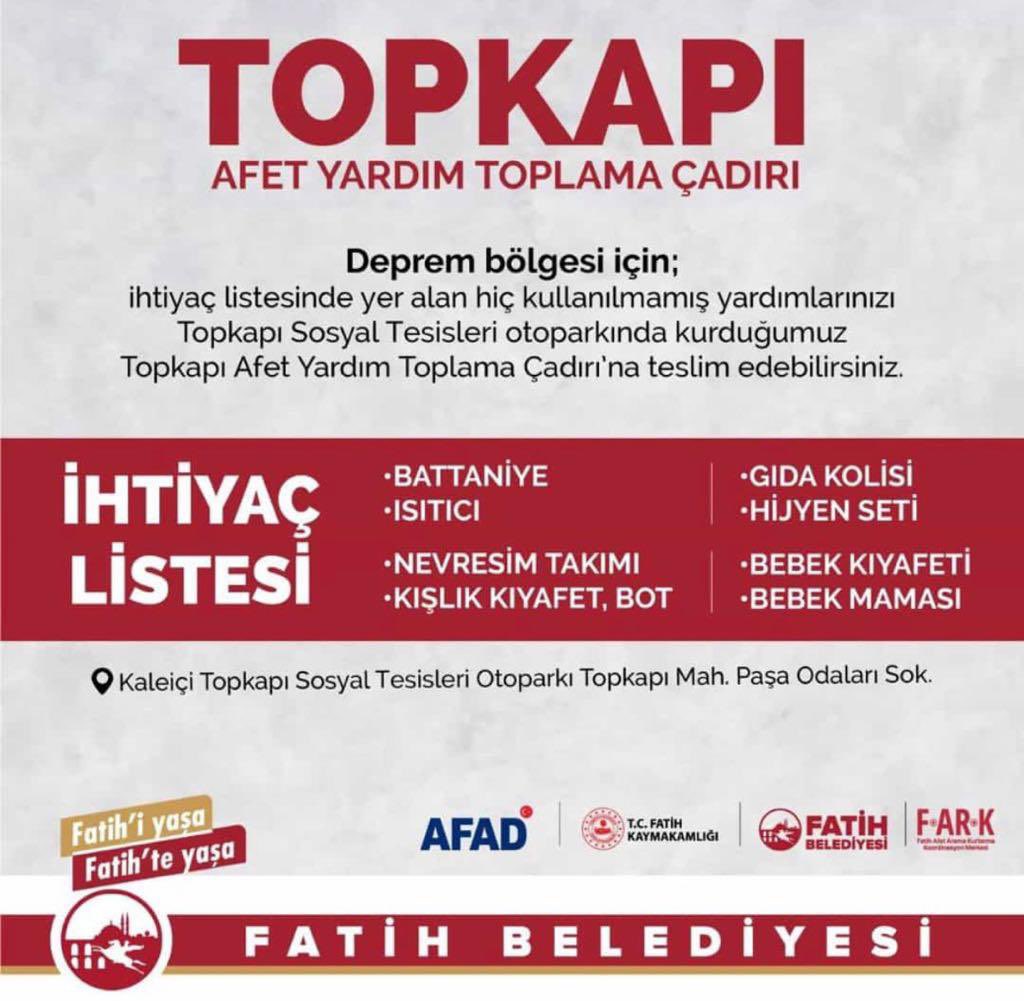 Sevgili İstanbul Üniversitesi Ailesi;
Deprem bölgesine yardımda bulunmak isteyen mensuplarımız, “Topkapı Afet Toplama Çadırına” ihtiyaç listesindeki malzemeleri teslim edebilirler. 
Toplanan yardımlar AFAD işbirliğinde depremzelere ulaştırılacaktır.