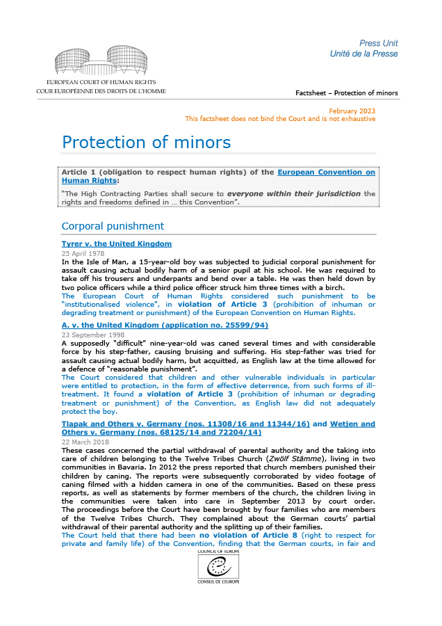 Update of the factsheet “Protection of minors” echr.coe.int/Documents/FS_M… #ECHR #CEDH #ECHRpress