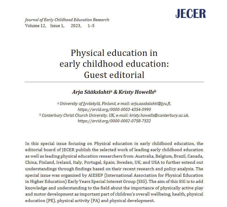 1/2 - Today is a super exciting and amazingly proud day. Our Special Issue of Journal of Early Childhood Education Research - Physical education in early childhood education has been published. journal.fi/jecer/issue/vi… #proudmomentalert #earlychildhood #physed #earlymoves #play