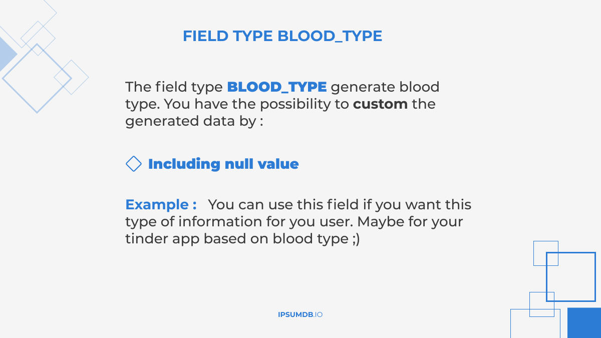 ipsumdb's tweet image. Find the field type #bloodtype  here : ipsumdb.io 
 #Data #generator #dataanalytics #JSON #SQL  #datagenerator #CaParleDev #buildinpublic #flutter #Flutterweb #flutterapp #flutterdeveloper #webapplication  #database  #testing #datavisualization #API 
@gilleskidjo1