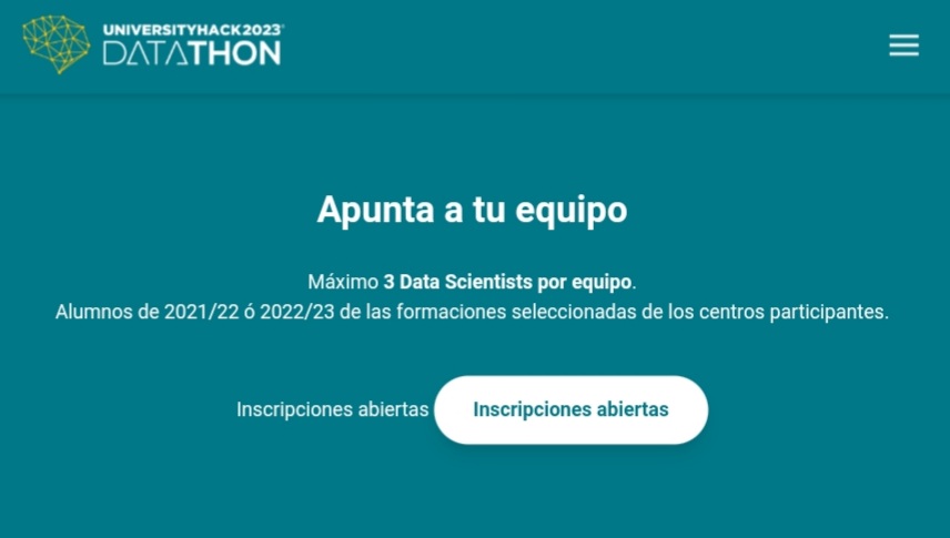 Ya está abierto el período de inscripción de la <a href="/Cajamar/">Grupo Cajamar</a> #UniversityHack 2023. Puedes apuntar a tu equipo (máx. tres personas) en grupocooperativocajamar.es/comun/eventos/… Recuerda apuntarte antes del 16 de febrero