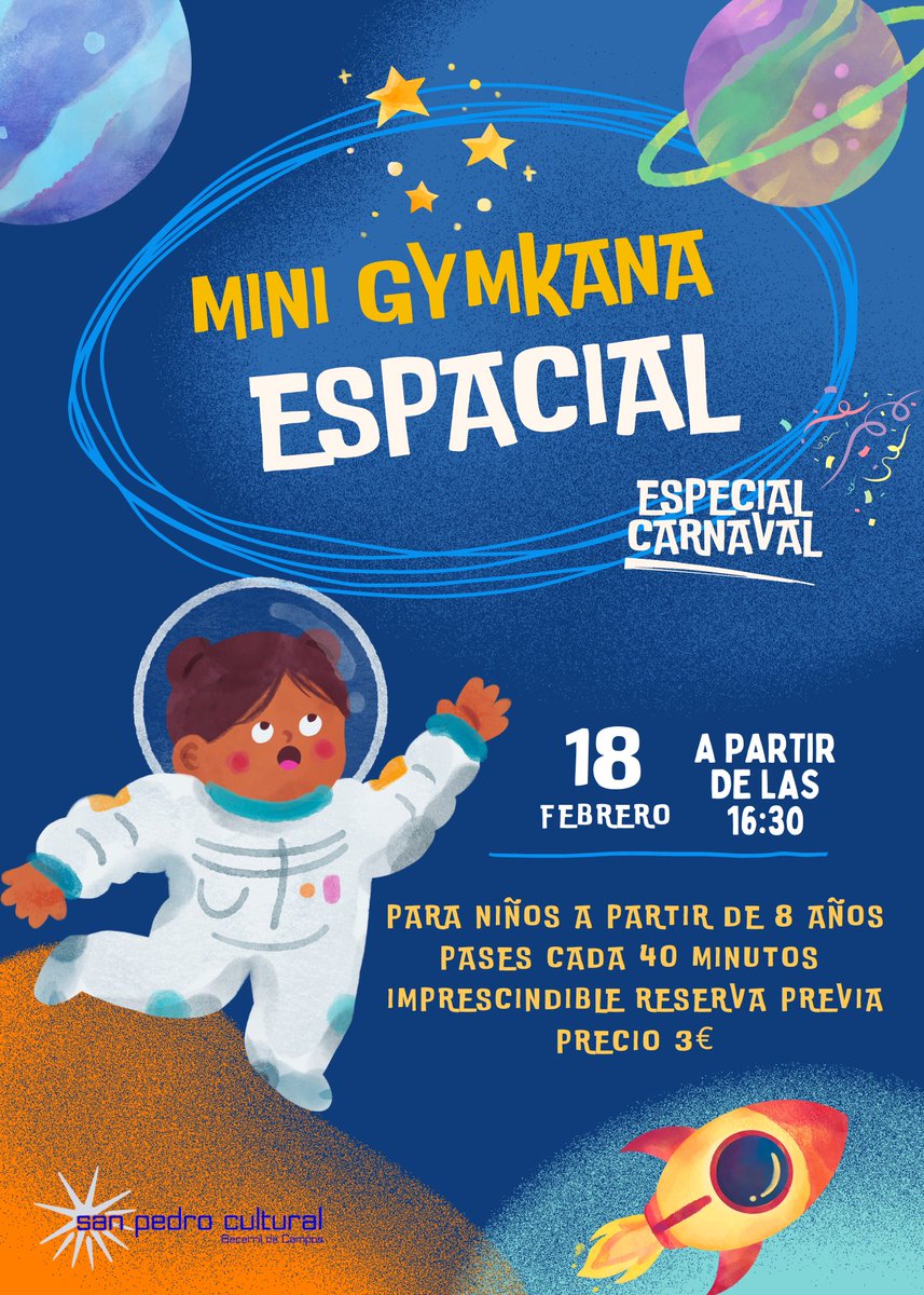 ✨ ACTIVIDAD INFANTIL ESPECIAL CARNAVAL - 18 de febrero en San Pedro Cultural ✨

Mini gymkana espacial tipo escape room en el que los niños se convertirán en parte de una tripulación con destino a un nuevo planeta, durante el trayecto, la nave en la que viajan sufre un (+)