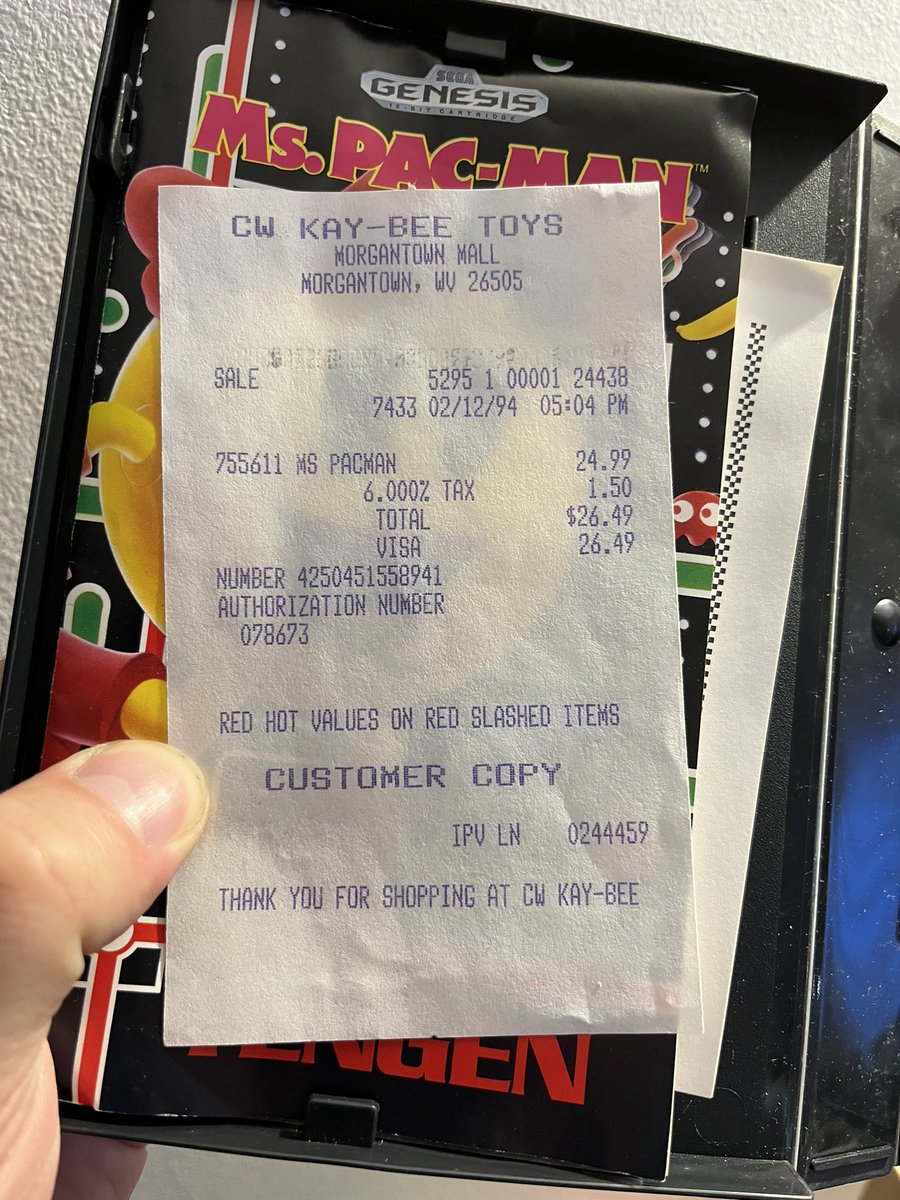 ausretrogamer's tweet photo. Ms. Pac-Man for the Mega Drive / Genesis — purchased in West Virginia on 12th of Feb 1994 from Kay-Bee Toys! 🤯

Who would’ve thought this would end up some 10,042 miles / 16,162 kilometres away in Melbourne VIC! 

#megadrive #retrogames https://t.co/yjcCn90lfv