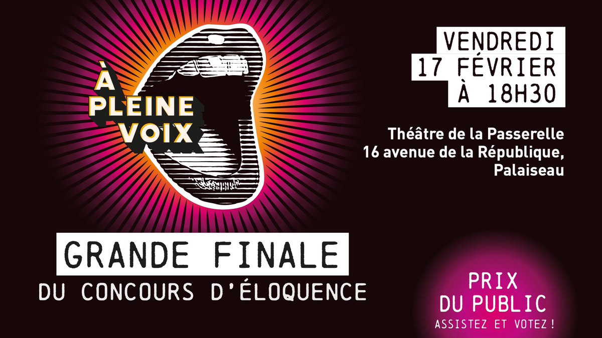 [À PLEINE VOIX] Venez supporter les candidats du concours d'éloquence lors de la grande finale, le 17 février !

Nouveauté de l'édition 2023 : votez pour votre prestation favorite 🤩👉 bit.ly/3ZPuhox

Pensez à vous inscrire pour y assister !

<a href="/Palaiseau91/">Ville de Palaiseau</a>