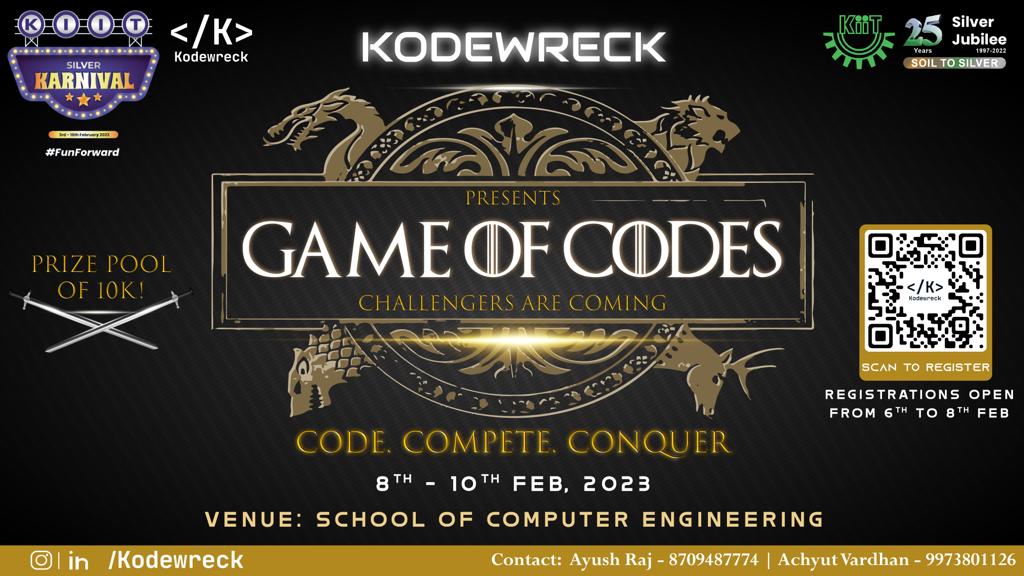 KIITUniversity's tweet image. Attention all tech enthusiasts!
We are organizing 'KODEWRECK' from 8th to 10th Feb 2023. Put your coding skills to the test and win amazing prizes.
📍KIIT School of Computer Sciences
#CodingContest #KIIT #Tech