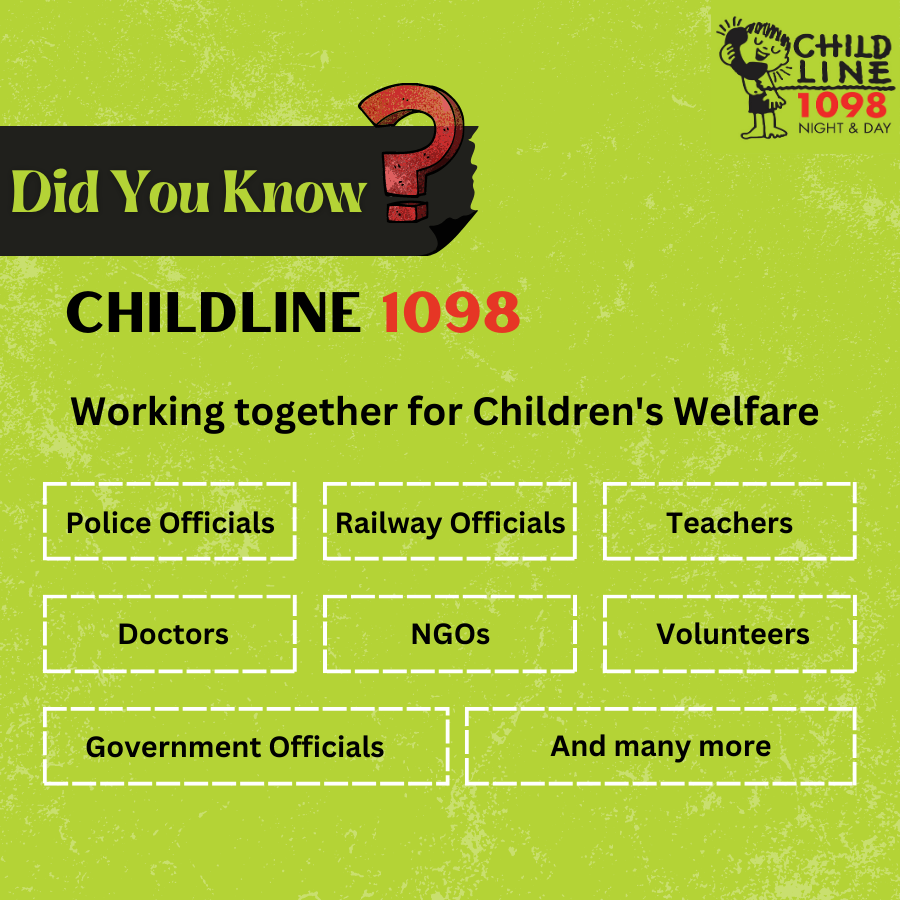CHILDLINE 1098 works in close coordination with the multiple stakeholders to ensure the welfare and protection of children in the country

#Childline1098 #Number #Children #NGO #India #ChildreninDistress #ChildProtection  #ChildCare  #ChildRights #ChildWelfare #ChildSafety