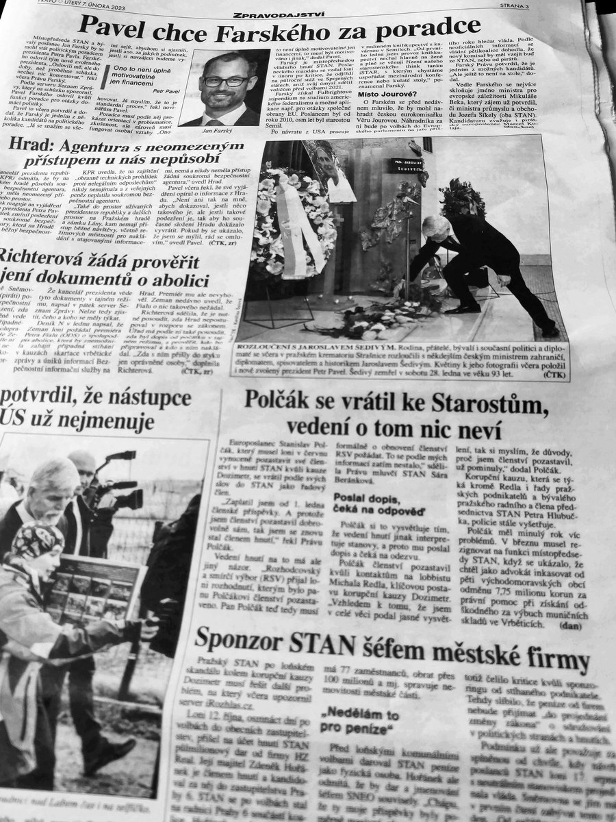 #Právo 3x STAN
Pavel chce Farského za poradce
Polčák se vrátil ke Starostům, vedení o tom nic neví
Sponzor STAN šéfem městské firmy #dnešnítisk #tisk220207