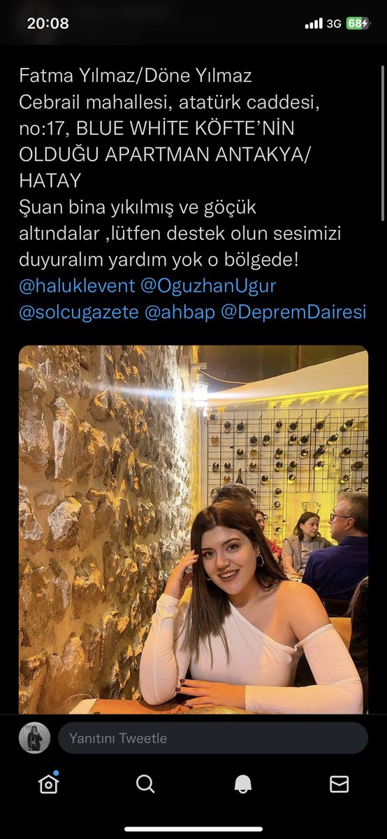 turkesmls's tweet photo. Israrla paylaşım yapıyorum
Fatma Yılmaz bu adreste teyit edildi babasından!
Göçük altındalar, sesler geliyormus , yardım edin ne olur
Fatih caddesi Şensöz ap, D:no 15, 31030 Antakya Hatay
@ahbap @pqueenn @haluklevent @OguzhanUgur @DepremDairesi https://t.co/ioKWprEQq6