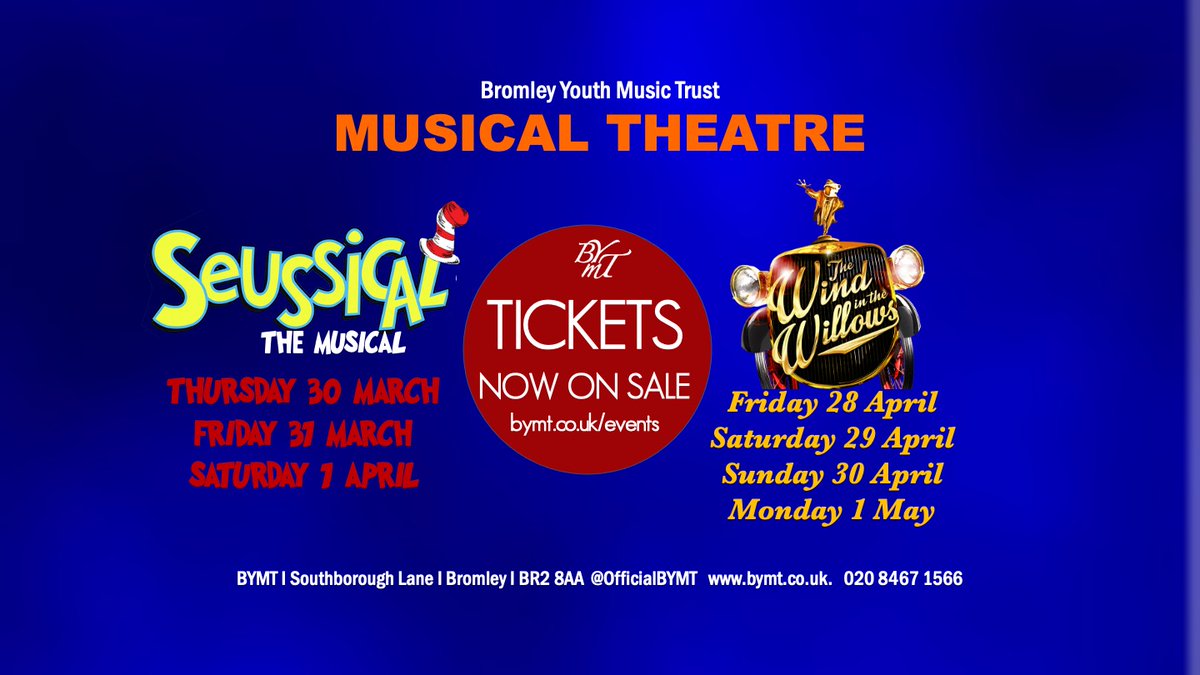 Ticket are now on sale for the BYMT Musical Theatre Spring Productions. Join us for SEUSSICAL THE MUSICAL and THE WIND IN THE WILLOWS both fantastic fun for all the family! Tickets will sell fast, so book early to avoid disapointment  bymt.co.uk/events