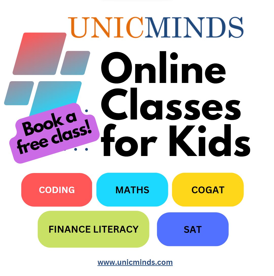 UnicMinds Coding Classes for Kids 6-15Y, offer 1:1 live online classes. 
The range of courses offered are: Click on ALT
DM us @UnicMinds or book a free trial at: unicminds.com
#codingforkids #onlinelearningforkids #arduinoforkids #javascriptforkids #onlinekidsclasses