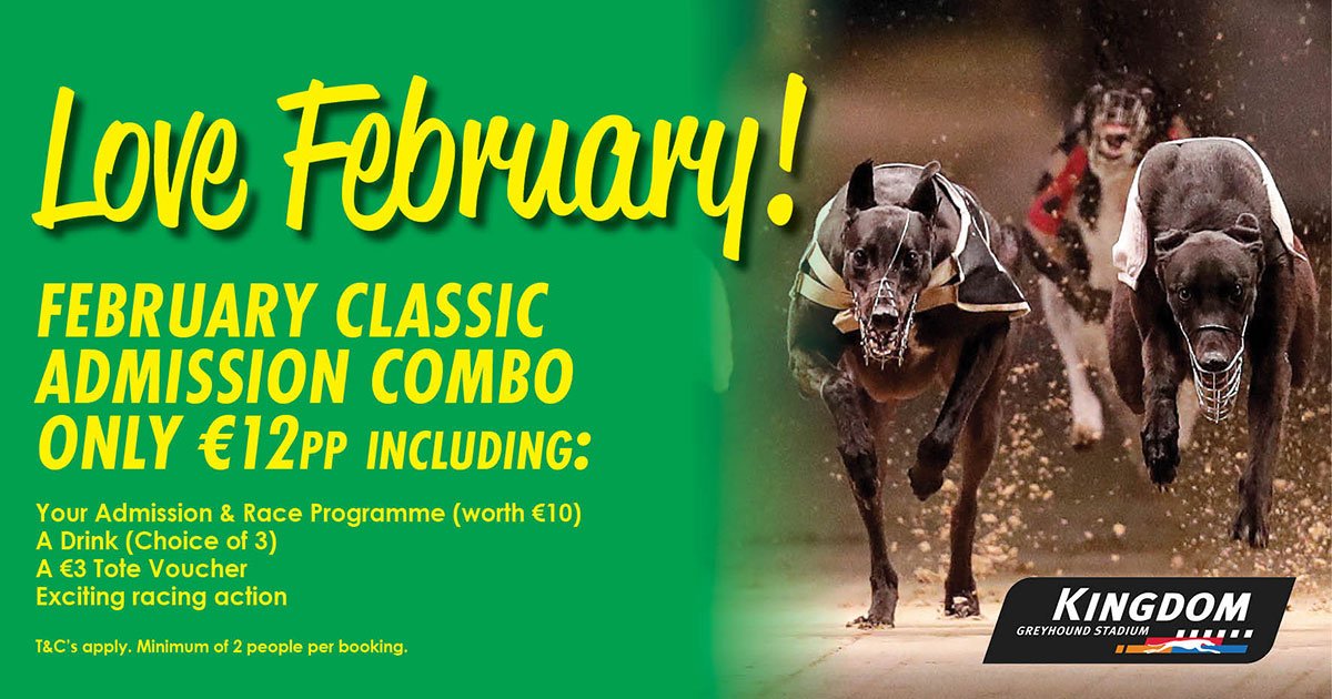 KingdomDogTrack's tweet photo. 🏟️ DON'T MISS OUT 🏟️

Our amazing February Admission offer is just €12pp, incl:

•Your Admission &amp; Race Programme (worth €10)
• A drink from choice
•A €3 Tote voucher

T&amp;C's apply - BOOK Now https://t.co/RKgOVpz6Xw 

#GoGreyhoundRacing #ThisRunsDeep https://t.co/oyhfz7NiaI