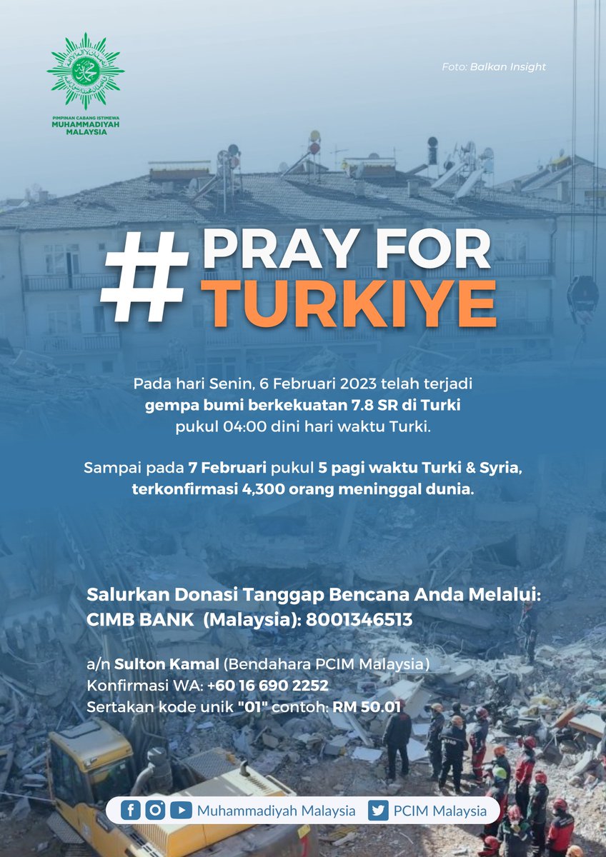 Turki berduka. Mari bantu ringankan beban saudara kita

Salurkan donasi Anda melalui PCIM Malaysia:

CIMB Bank (Malaysia)
8001346513
a/n Sulton Kamal (Bendahara PCIM)

Sertakan kode unik "01" untuk memudahkan pengelolaan