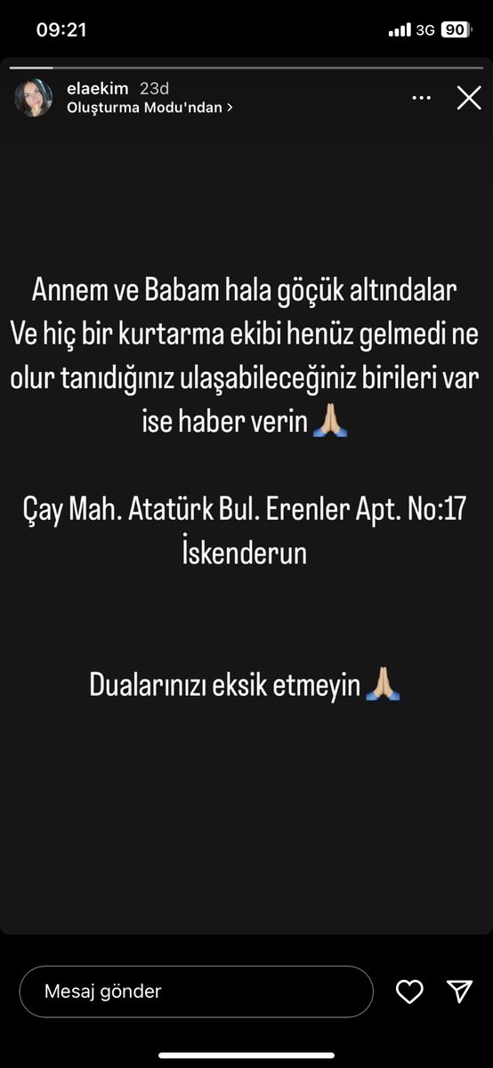 gizeemyldrmm's tweet photo. Arkadaşımın ailesi lütfen yardım edin 🙏  @haluklevent @ahbap @HatayValiligi @AFADBaskanlik @UmkeHatay https://t.co/nR4mwGWQb2