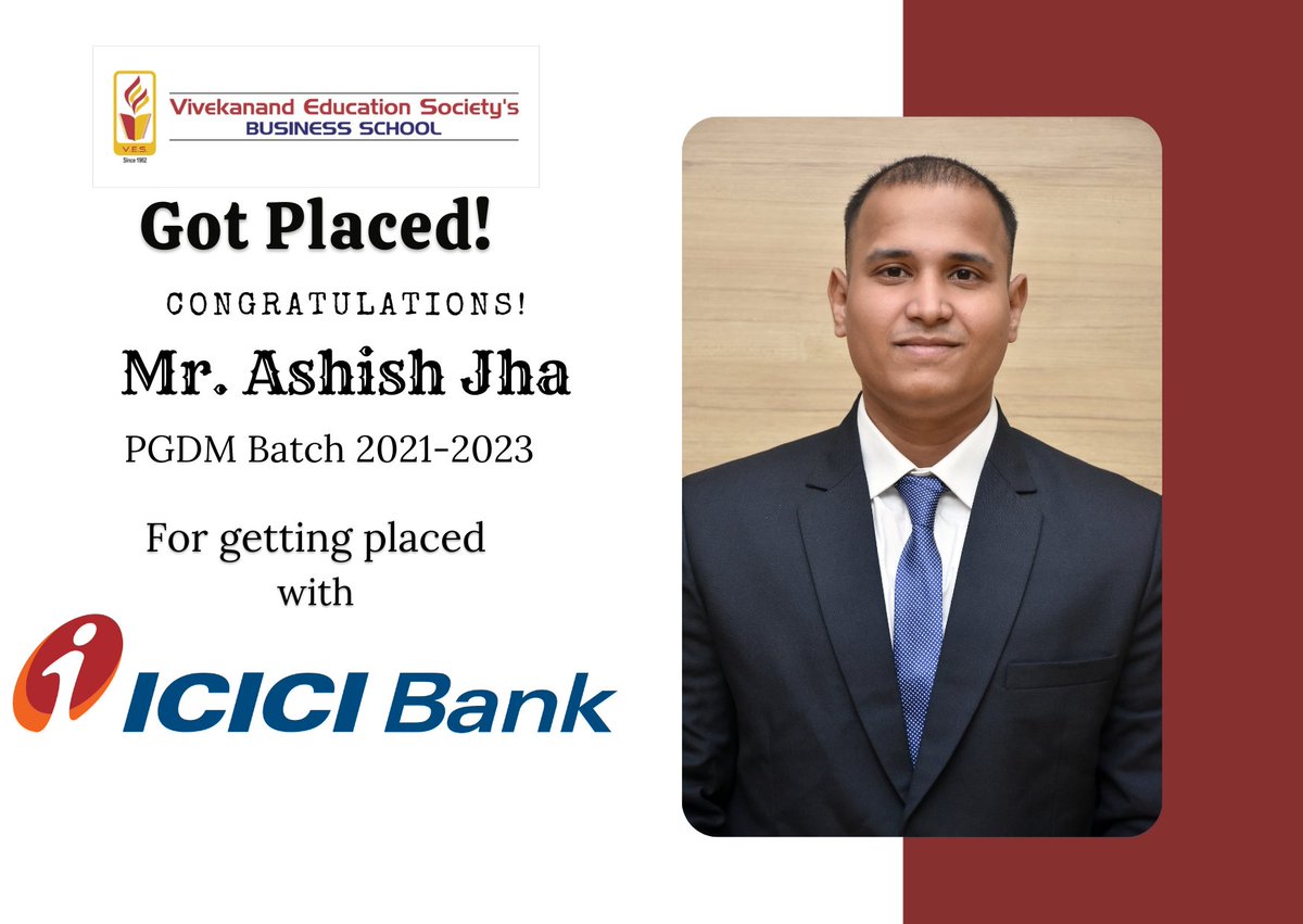 vbs_mumbai's tweet image. Success Story!!

VBS enthusiastically congratulates Mr. Ashish Jha (Batch 2021-23) for his placement with ICICI Bank.
Best Wishes for a Happy and Successful future.

#VBS #vbsplacements #PGDMplacements #placements2023
#MBA #MBAplacements #vivekanandcollege #vbspgdm #MBAcollege