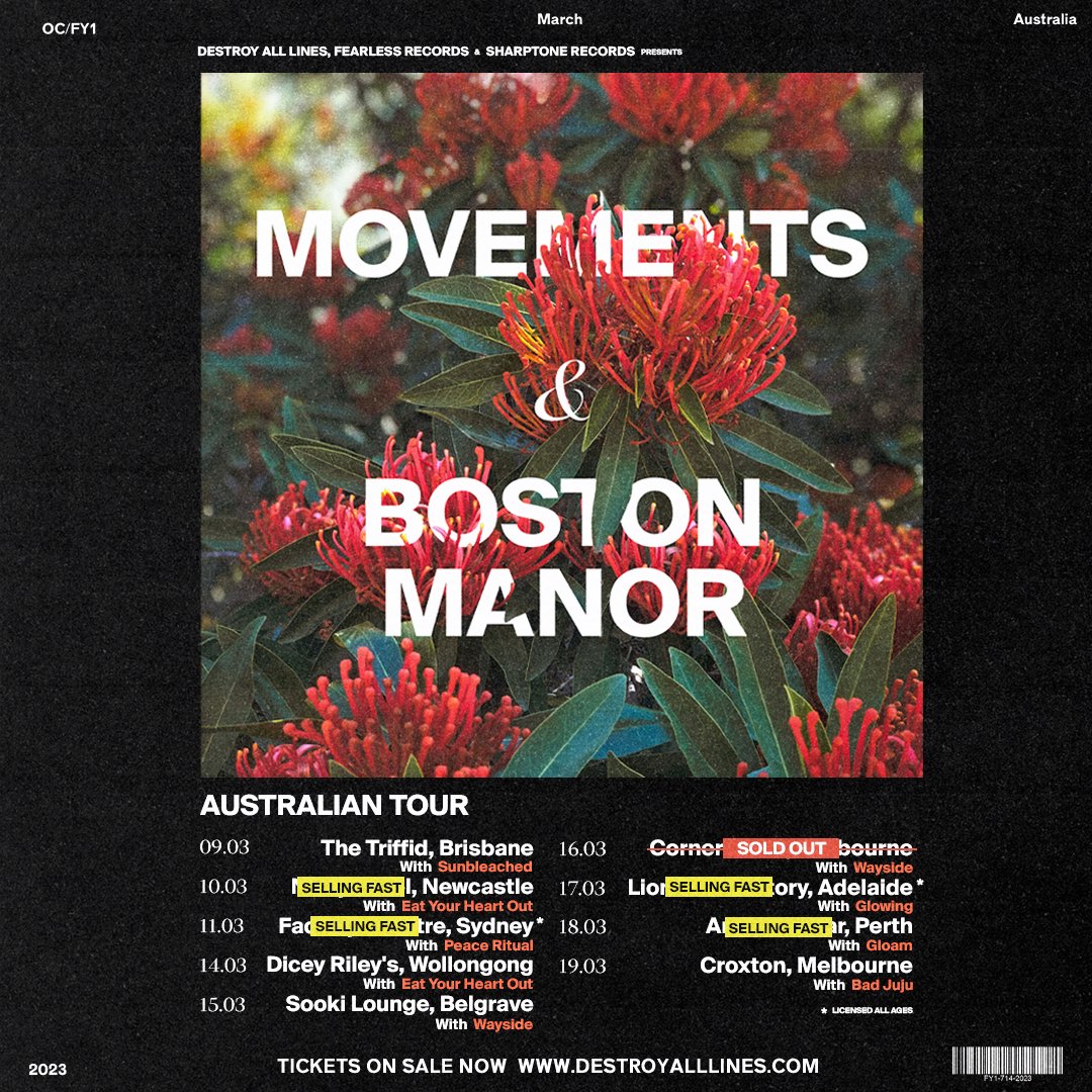 Supports have been announced for the <a href="/movementsCA/">Movements</a> &amp; <a href="/BSTNMNR/">Boston Manor</a> co-headline Australian tour that starts NEXT MONTH. 

Tickets moving fast: destroyalllines.lnk.to/23BMMtix