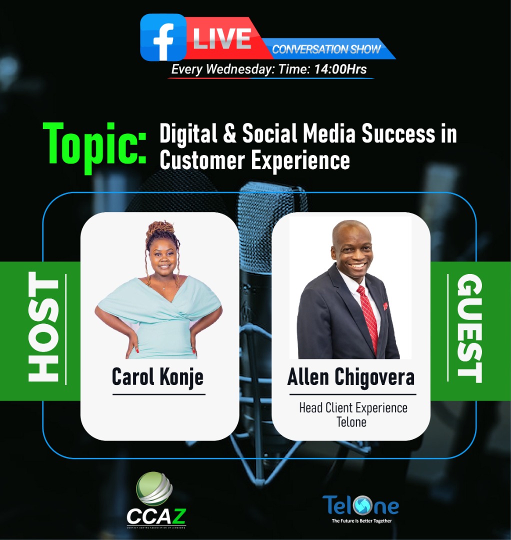 The Live conversations show is back this 2023,streaming live every Wednesday at 2pm on CCAZ Facebook with your host <a href="/CarolKonje/">Caroline Konje</a> .  Bringing you the latest  and information about CX issues with experts in the industry.
#customerexperience
#serviceexcellence
<a href="/TelOneZW/">Tel·One</a> <a href="/AChigovera/">allen chigovera</a>