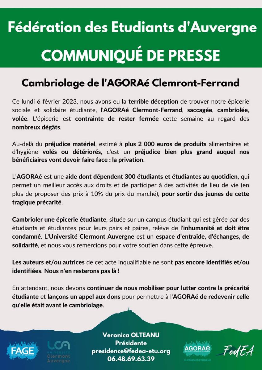 La_FEDEA's tweet photo. |Communiqué de presse|

❌ La FedEA dénonce fermement le cambriolage de son épicerie sociale et solidaire étudiante, l'AGORAé Clermont-Ferrand.

✊Le combat contre la précarité étudiante continue, malgré cette épreuve qui impacte fortement l'ensemble de nos bénéficiaires. https://t.co/4qheDb6FZL