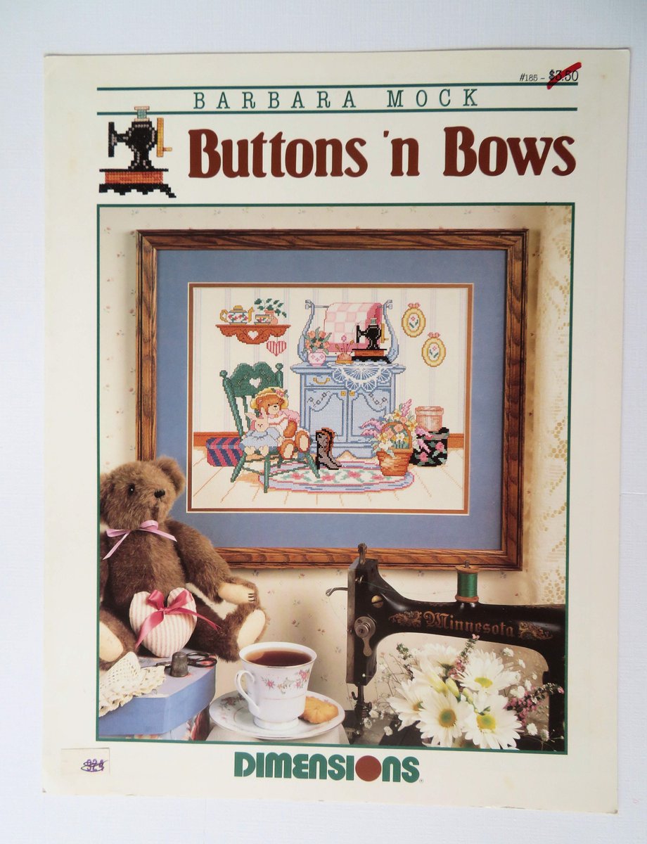 Barbara Mock - Buttons 'n Bows from Dimensions- Counted Cross Stitch Patterns - Vintage Leaflets #185 tuppu.net/471dd0e4 #VintageKMMSDelights #Etsy #GiftsForTeachers