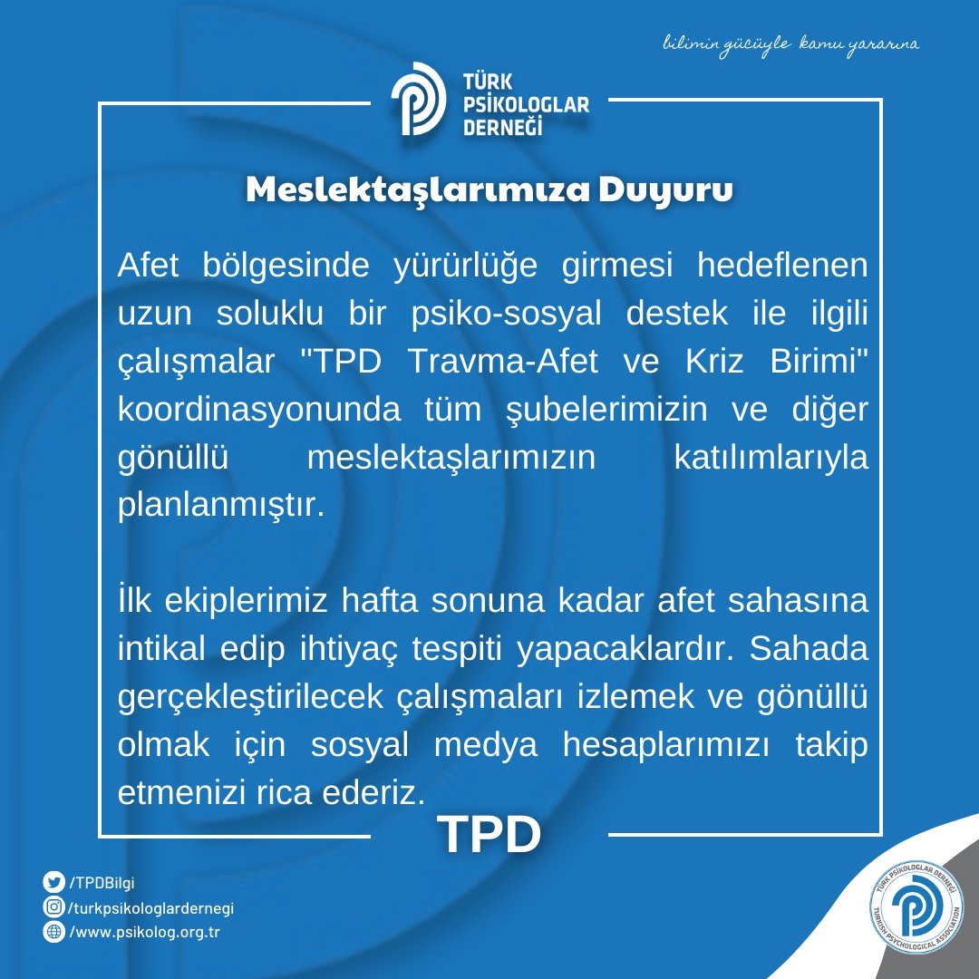 TPDBilgi's tweet photo. Afet bölgesinde yürürlüğe girmesi hedeflenen uzun soluklu bir psiko-sosyal destek ile ilgili çalışmalar "TPD Travma-Afet ve Kriz Birimi" koordinasyonunda tüm şubelerimizin ve diğer gönüllü meslektaşlarımızın katılımlarıyla planlanmıştır. https://t.co/m7sZLvNtdI